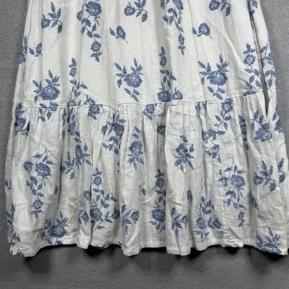 Abercrombie Linen Blend Floral Tiered Maxi Skirt Womens XS Blue White Boho Beach